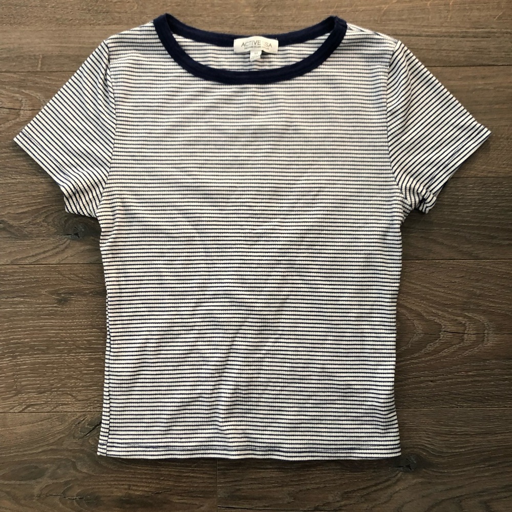 Active USA Navy and White Striped Top, Knit Ribbed Crewneck, Size M Medium